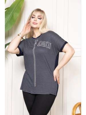 Kadın Büyük Beden Çizgili Taş Detaylı Kısa Kollu Likralı Viskon Tişört - Lacivert
