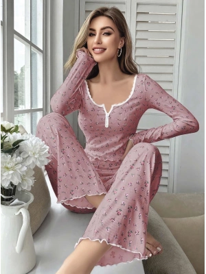 Kadın Çiçek Desenli Yumuşak Pamuklu Uzun Pijama Takımı 5132