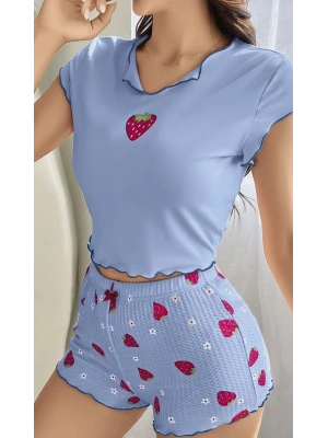 Kadın Çilek Desenli Bebe Mavi Seksi Gecelik Takım 5005