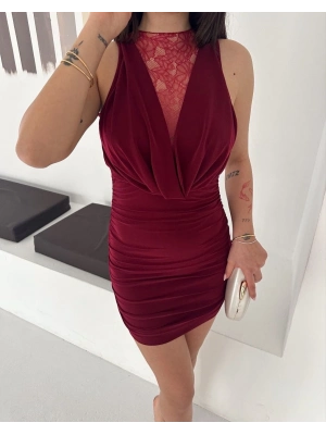 Kadın Dantel Detaylı Derin Dekolte Drapeli Mini Elbise Şık Kolsuz - Bordo