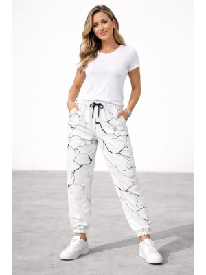 Kadın Dijital Baskılı Eşofman Altı Kışlık Üç İplik Şardonlu Kumaş Lastikli Paça, Cepli, Rahat Kalıp - Beyaz