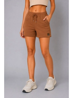 Kadın Dokuma Kumaş Cepli Bağcıklı Regular Fit Yazlık Şort - Kahverengi