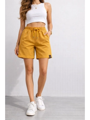 Kadın Dokuma otoban Şort Beli Lastikli Bağcıklı, Cepli, Rahat Kesim Günlük Yazlık Şort - Hardal