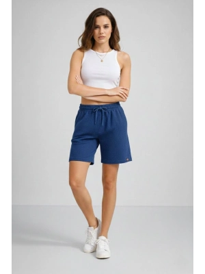 Kadın Dokuma otoban Şort Beli Lastikli Bağcıklı, Cepli, Rahat Kesim Günlük Yazlık Şort - İndigo