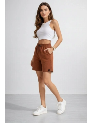 Kadın Dokuma otoban Şort Beli Lastikli Bağcıklı, Cepli, Rahat Kesim Günlük Yazlık Şort - Kahverengi