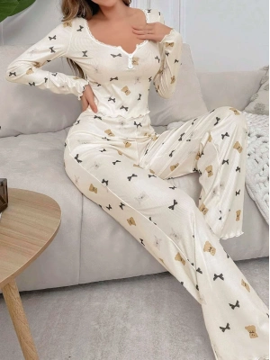 Kadın Ekru Ayıcık ve Fiyonk Desenli Yumuşak Pamuklu Uzun Pijama Takımı 5129