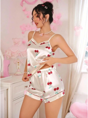 Kadın Ekru Kiraz Desenli Saten Şort Pijama Takımı 2226