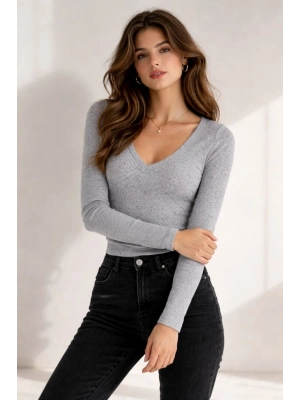 Kadın Fitilli Kaşkorse V Yaka Uzun Kollu Body Bluz Slim Fit - Gri