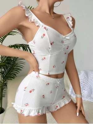 Kadın Gül ve Kiraz Desenli Şortlu Gecelik Takım 5112