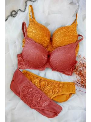 Kadın Hardal Ve Kiremit Rengi Dolgulu Balenli Sütyen Külot 2li Paket