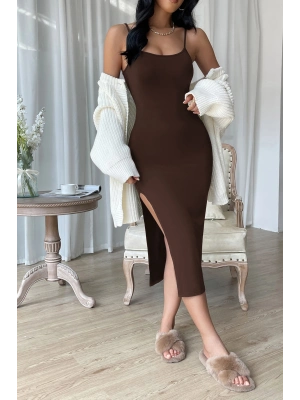 Kadın Kahverengi Yırtmaçlı Diz Altı Vücüdu Saran Gecelik