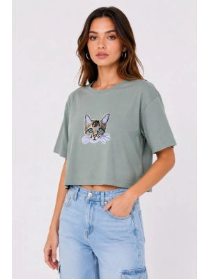 Kadın Kedi Baskılı Oversize Crop Tişört Salaş Basic Yarım Kol T-shirt - Mint Yeşili