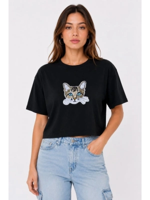 Kadın Kedi Baskılı Oversize Crop Tişört Salaş Basic Yarım Kol T-shirt - Siyah