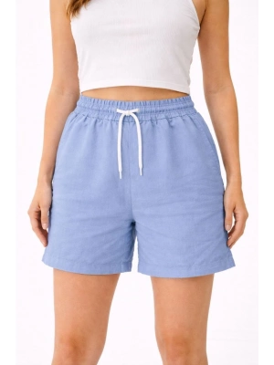 Kadın Keten Kumaş Cepli Rahat Kesim Bel Lastikli Şort - Mavi