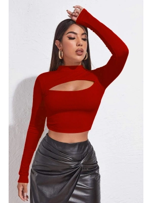 Kadın Kırmızı Göğüs Dekolteli Uzun Kollu Cut Out Crop Top Bluz