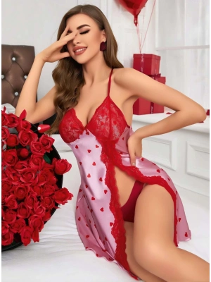 Kadın Kırmızı kalp Desenli saten Gecelik 2220