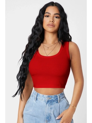 Kadın Kırmızı Kare Yaka Crop Top Bluz