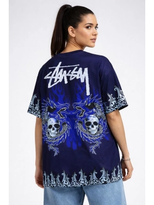 Kadın Lacivert Oversize Tişört Dragon  Kuru Kafa Baskılı Bisiklet Yaka T-Shirt - Lacivert