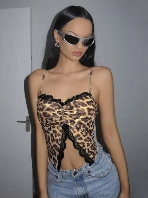 Kadın Leopar Desenli Crop Önden Dantel detaylı 5095