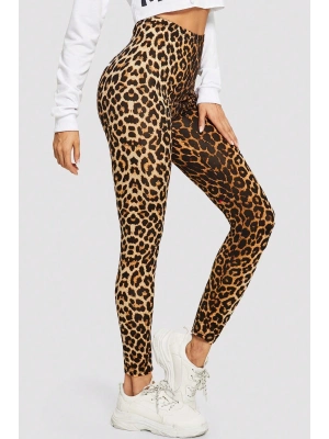 Kadın Leopar Desenli Yüksek Bel Dar Kesim Esnek Tayt