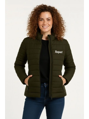 Kadın Mikro Su İtici Kapitone Baskılı Astarlı Fermuarlı Bomber Mont - Haki