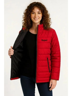 Kadın Mikro Su İtici Kapitone Baskılı Astarlı Fermuarlı Bomber Mont - Kırmızı