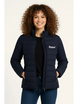 Kadın Mikro Su İtici Kapitone Baskılı Astarlı Fermuarlı Bomber Mont - Lacivert