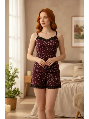 Kadın Mor Kalp Desenli Askılı Şortlu Dantelli Pijama Takımı