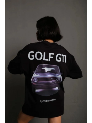 Kadın Oversize Tişört Golf GTI Retro Araba Baskılı T-shirt - Siyah