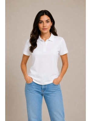Kadın Polo Yaka Pike Kumaş Düğmeli Basic Tişört Günlük Rahat - Beyaz