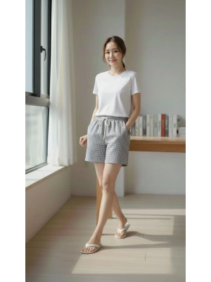 Kadın Pötikareli Şort – Beli Lastikli Bağcıklı, Cepli, Rahat Kesim Günlük Yazlık Şort - Füme