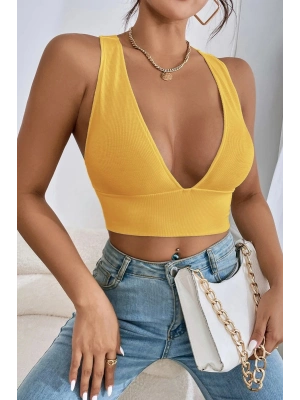 Kadın Sarı Çapraz Sırt Detaylı Şık Crop Top Büstiyer