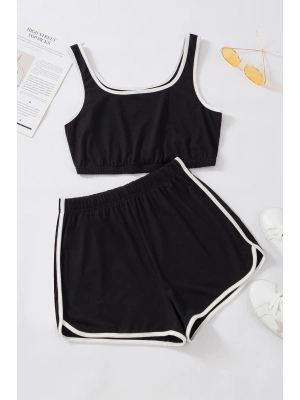 Kadın Siyah Askılı Crop Top ve Şortlu Gecelik Takım