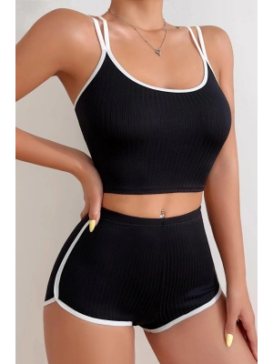 Kadın Siyah Beyaz Çapraz Lastik Detaylı Kaşkorse Şortlu Gecelik Takımı