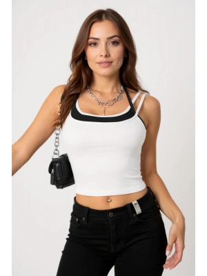 Kadın Siyah Beyaz Çift Renk Çapraz Askılı Crop Top Bluz