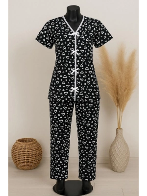 Kadın Siyah Beyaz Kalp Desenli Fiyonklu Kısa Kollu Pijama Takımı
