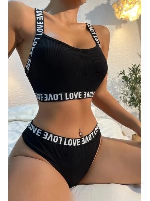 Kadın Siyah Çapraz Sırt Ve Love Yazı Detaylı Iç Çamaşır Takımı
