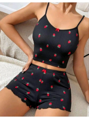 Kadın Siyah Çilek Desenli Seksi Gecelik Takım 5020