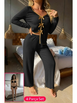 Kadın Siyah Fiyonklu İç Çamaşırı ve Uzun Kollu V Yaka Pijama Takımı 4lü Set