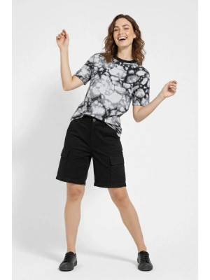 Kadın Siyah Gri Taş Desenli Tişört – Regular kalıp, Bisiklet Yaka, Dijital Baskılı Modern Tasarım T-Shirt - Siyah