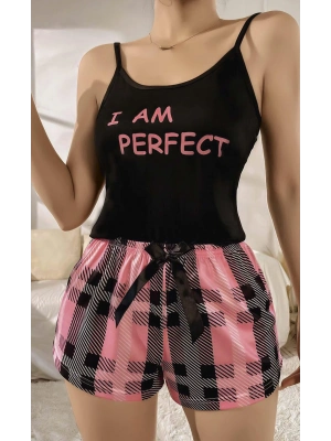 Kadın Siyah Kare Desenli Askılı Şortlu Pijama Takım 5012