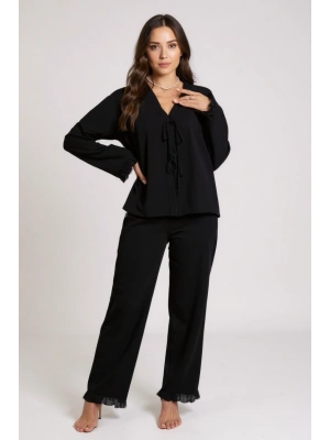 Kadın Siyah Önden Bağlamalı Kolu ve Paçası Fırfır Detaylı Uzun Kollu Pijama Takımı