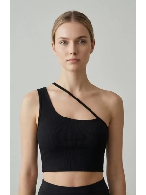 Kadın Siyah Tek Omuzlu Çapraz Askılı Crop Top Büstiyer – Modern ve Şık Tasarım