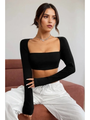 Kadın Siyah Uzun Kol Göğüs ve Sırt Dekolteli Crop Top Bluz – Şık, Rahat ve Kolay Kombinlenebilir