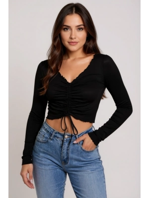 Kadın Siyah Uzun Kollu Büzdürme Bağcık Detaylı Crop Top Bluz – Şık, Rahat ve Kolay Kombinlenebilir