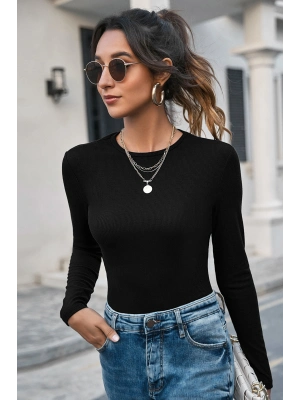 Kadın Siyah Uzun Kollu Fit Basic Crop Top Bluz