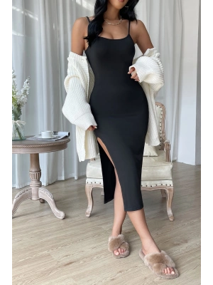 Kadın Siyah Yırtmaçlı Diz Altı Vücüdu Saran Gecelik