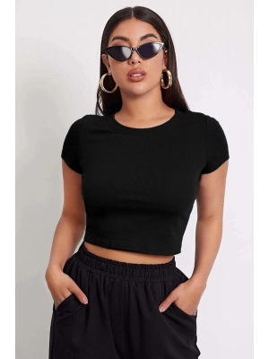Kadın Siyah Yuvarlak Yaka Yarım Kol Crop Top Bluz