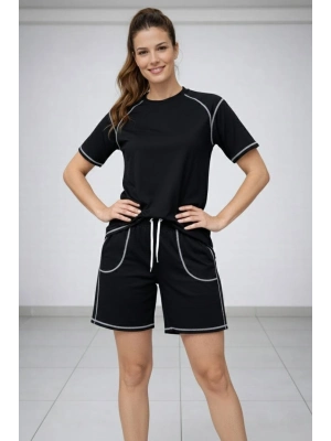 Kadın Spor Tişört Şort Takım Kontrast Dikiş Detaylı Ovarsize rahat kalıp - Siyah