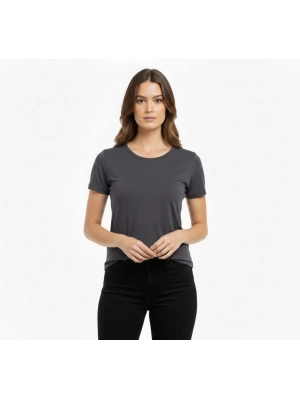 Kadın T-Shirt Bisiklet Yaka Slim Fit Likralı Tişört Günlük Basic Body - Füme